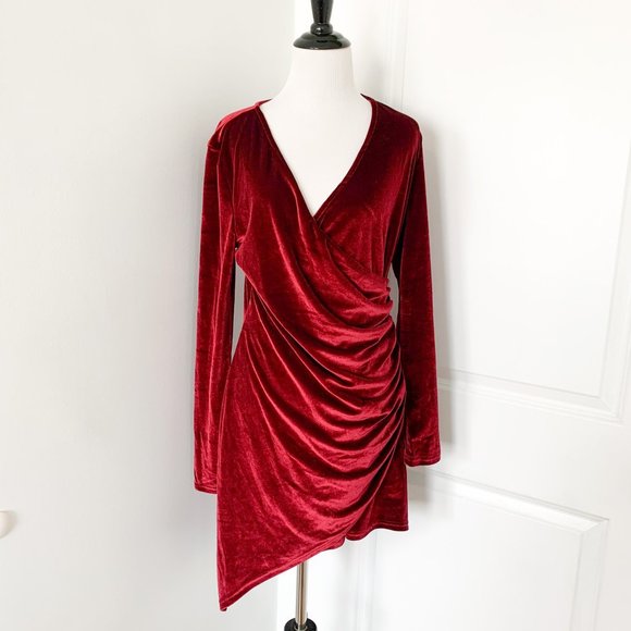 Red Velvet Crossover Draped Mini Dress - Picture 1 of 3